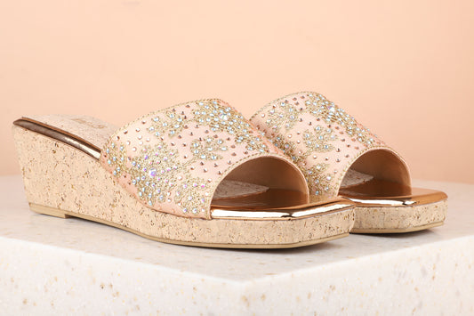 Women Rose Gold Embellished Wedges