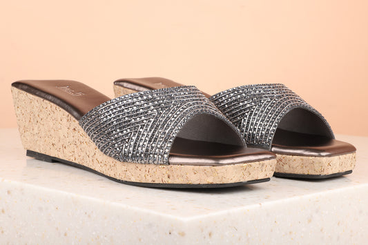 Women Pewter Embellished Wedges