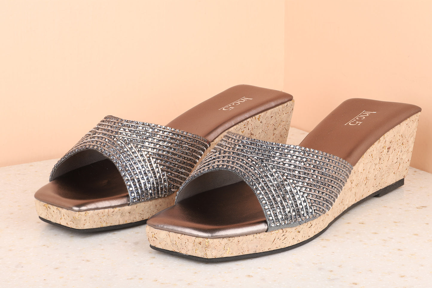 Women Pewter Embellished Wedges