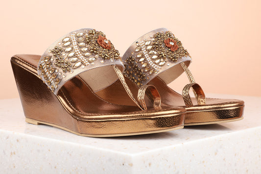 Women Antique Ethnic Embellished One Toe Wedges