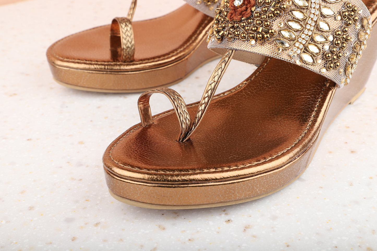 Women Antique Ethnic Embellished One Toe Wedges