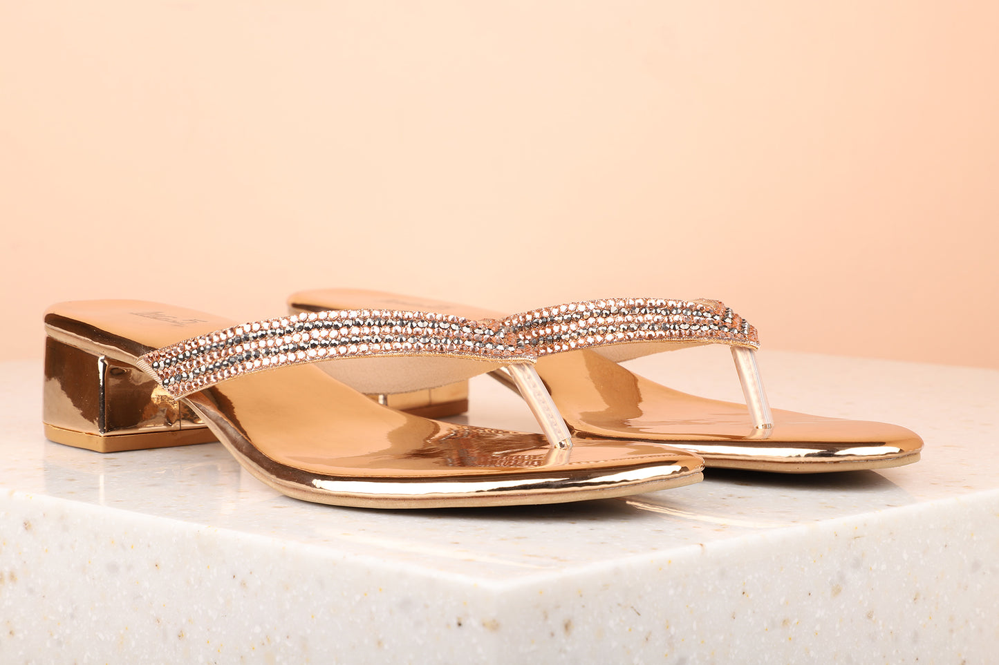 Women Rose Gold Embellished Party Block Sandals