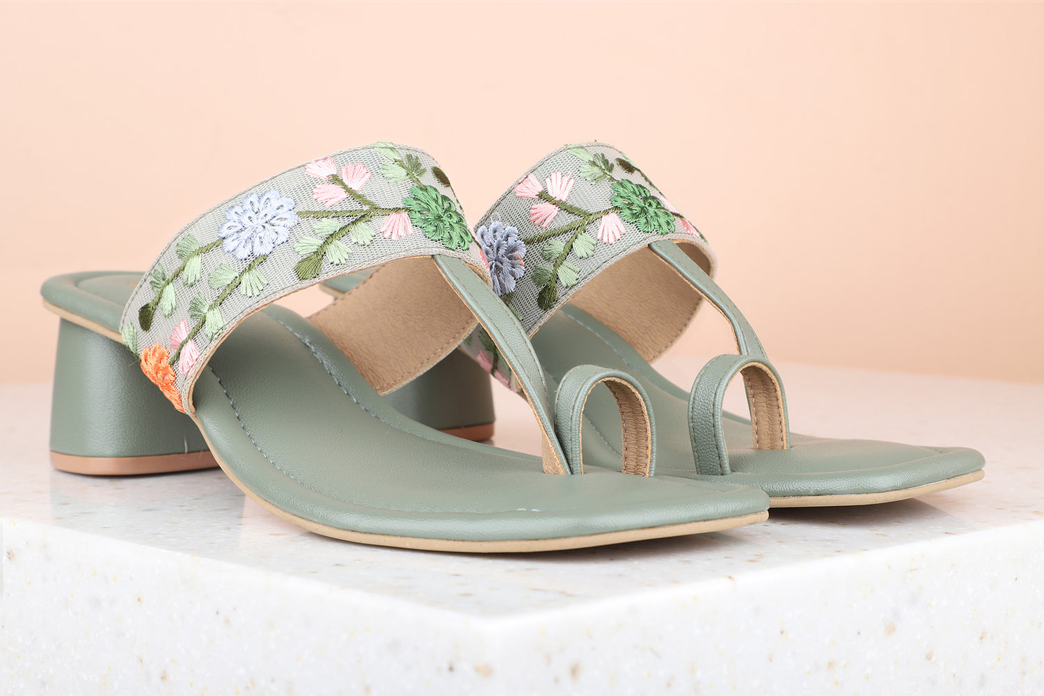 Women Green One Toe Block Heels