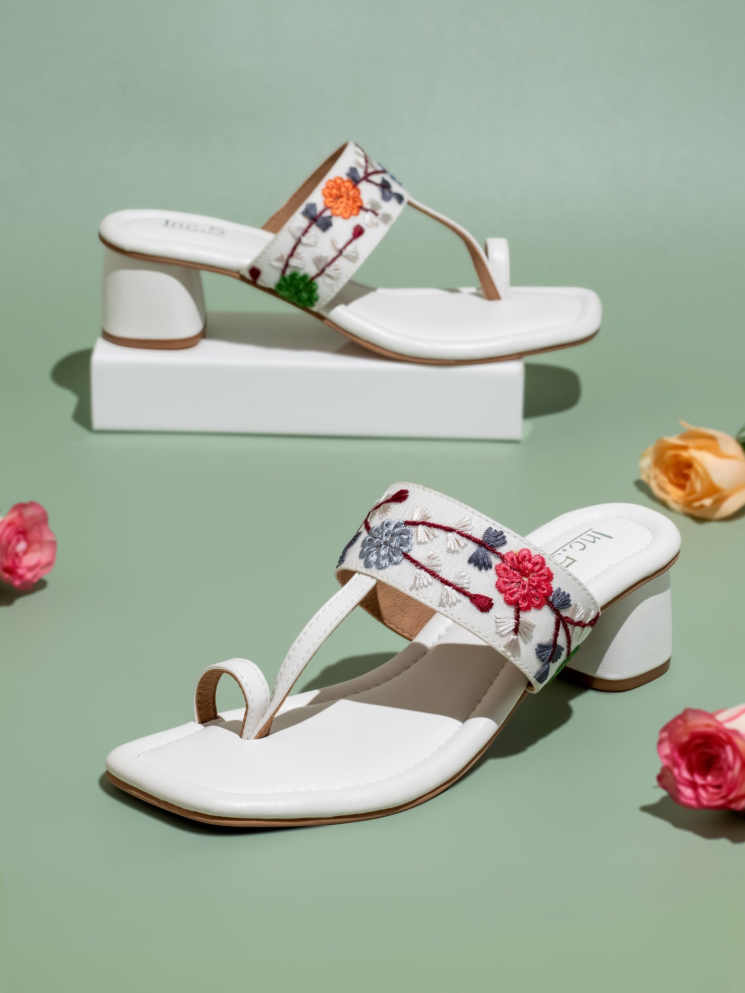 Women White Embroidered Ethnic Block Heels