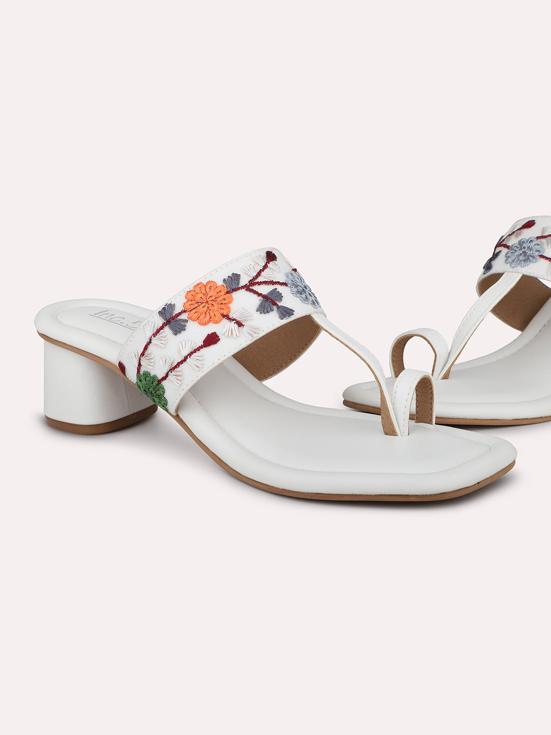 Women White Embroidered Ethnic Block Heels