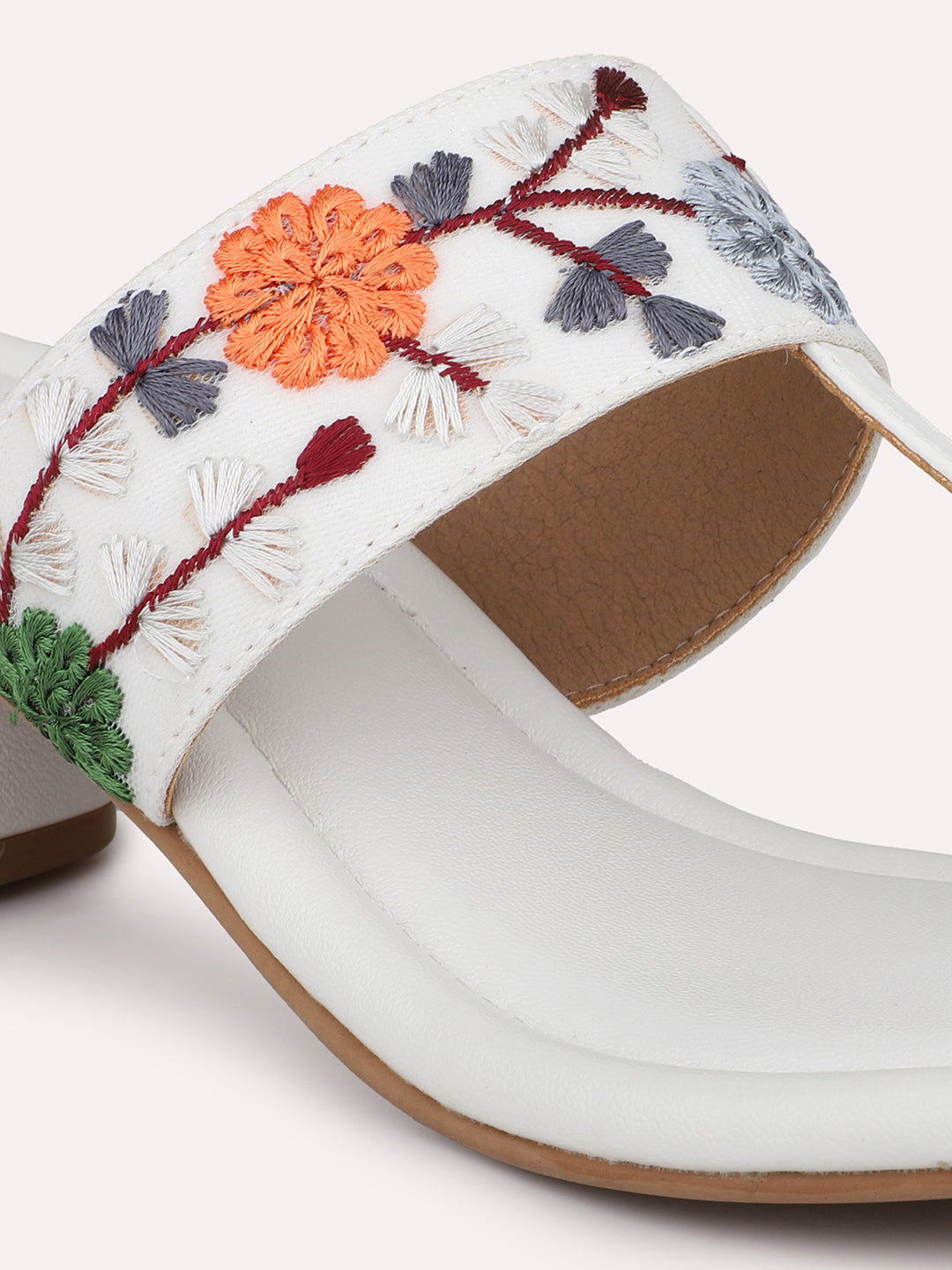 Women White Embroidered Ethnic Block Heels