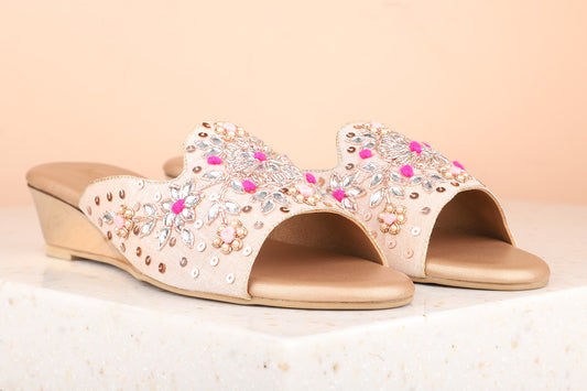 Women Rose Gold Embellished Wedges