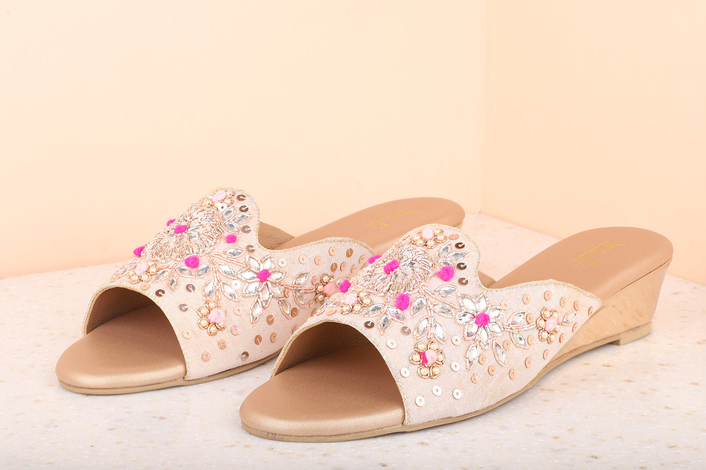 Women Rose Gold Embellished Wedges