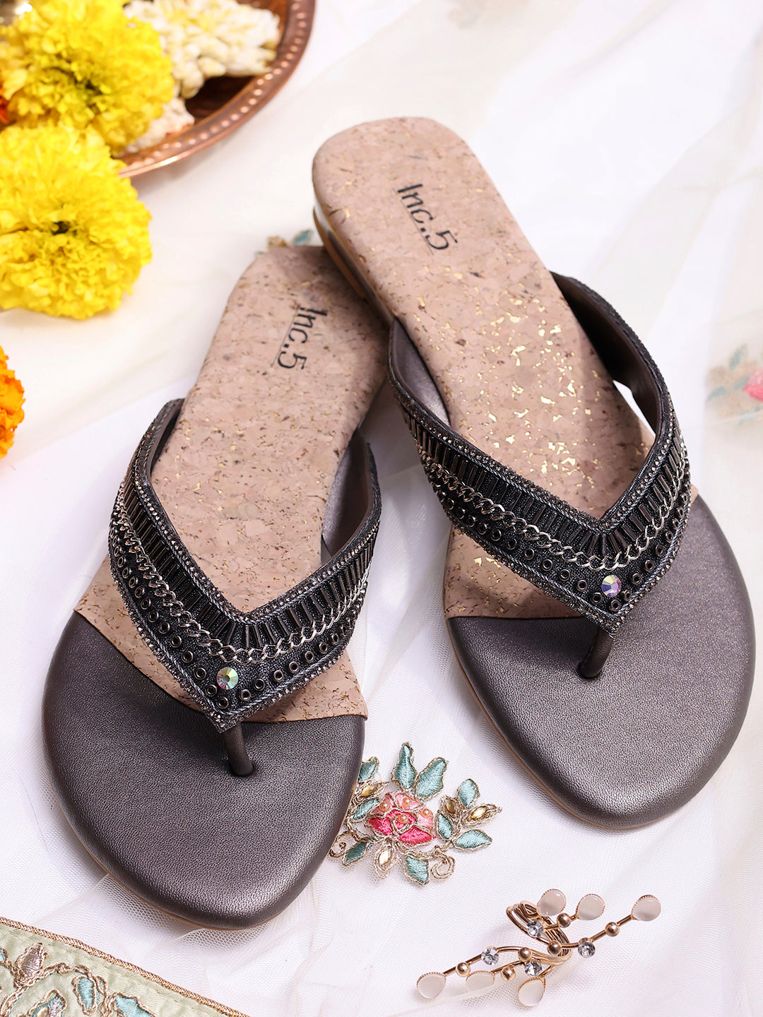 Women Pewter Embellished Open Toe Flats