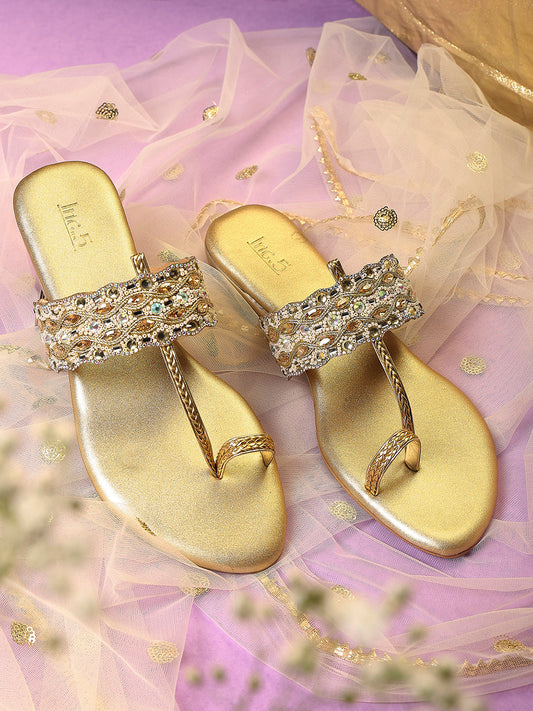 Women Gold Ethnic Embellished One Toe Flats
