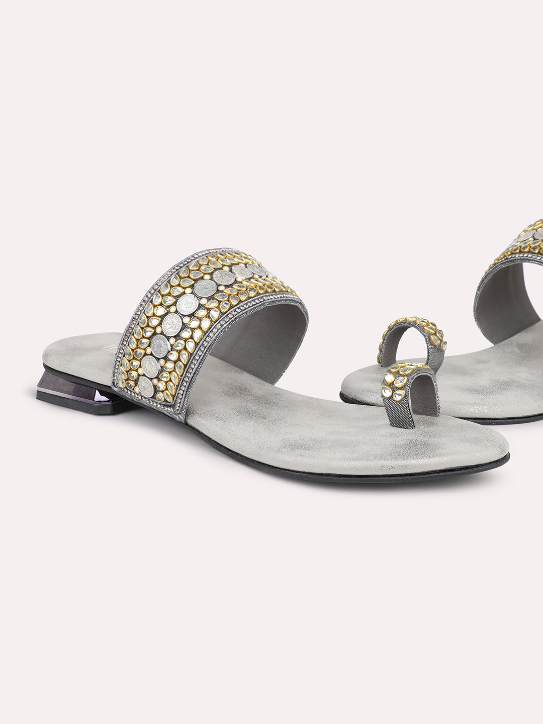 Women Pewter Ethnic Embellished Open Toe Flats