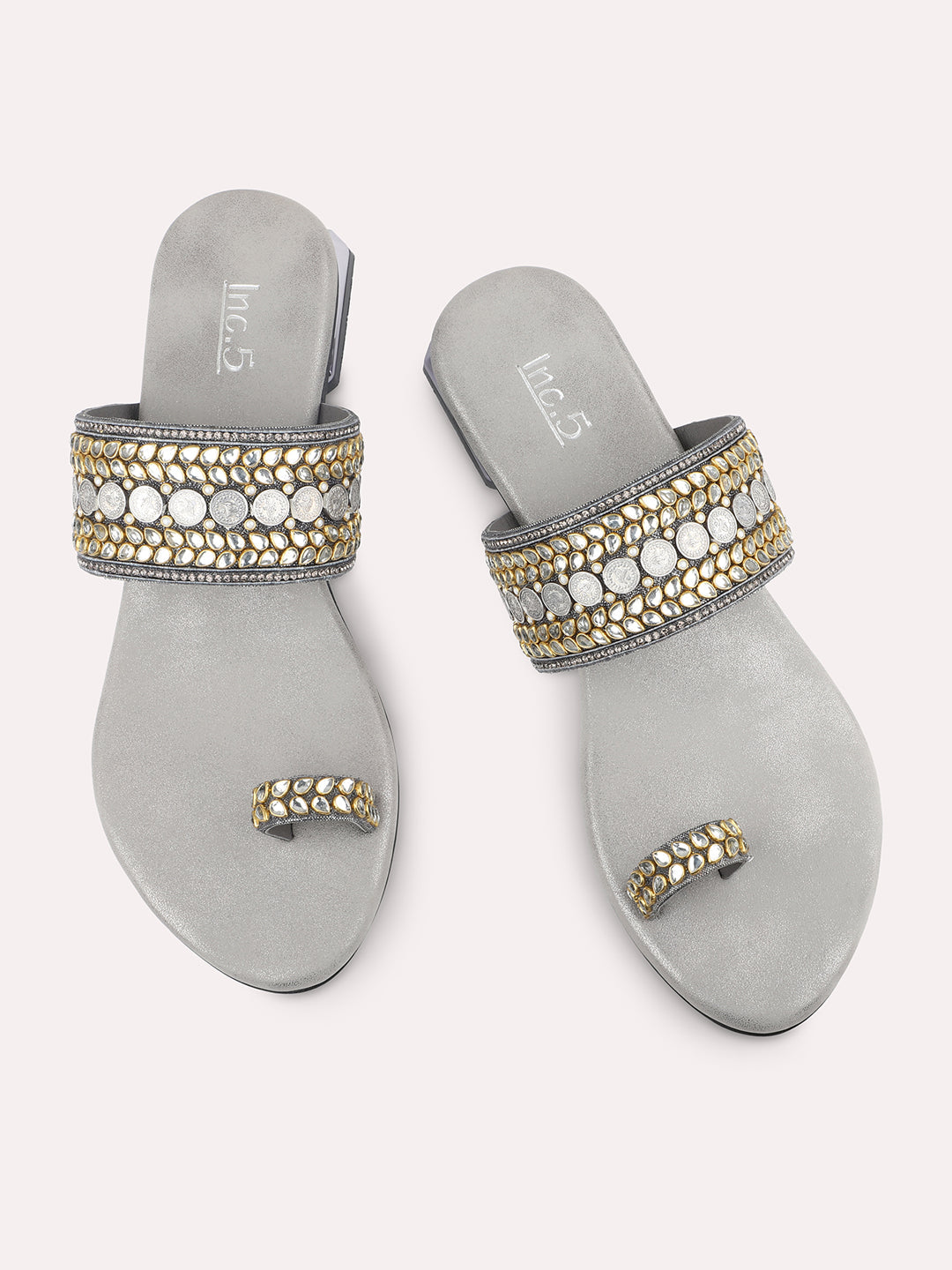 Women Pewter Ethnic Embellished Open Toe Flats