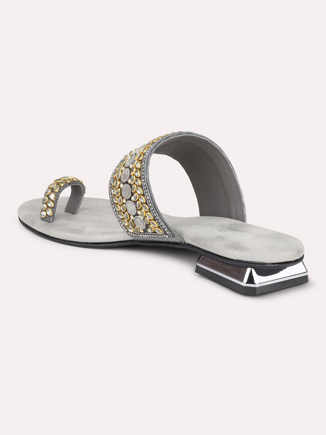 Women Pewter Ethnic Embellished Open Toe Flats