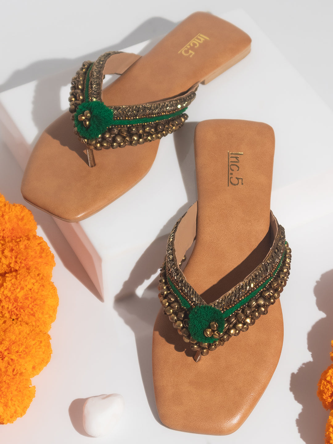 Women Antique Embellished Open Toe Flats With Ankle Bells