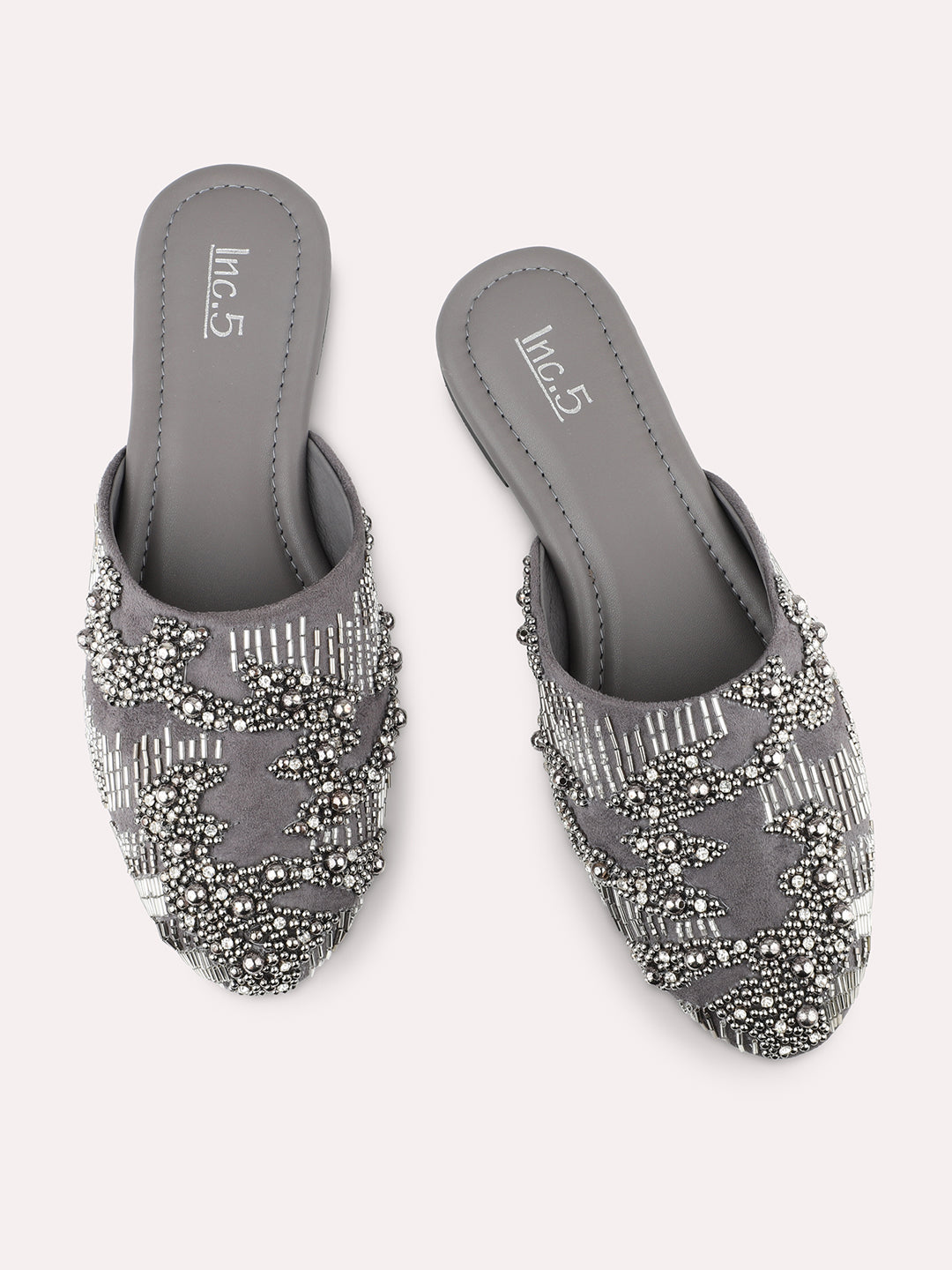 Women Grey Colourblocked Embellished Ethnic Mules Flats