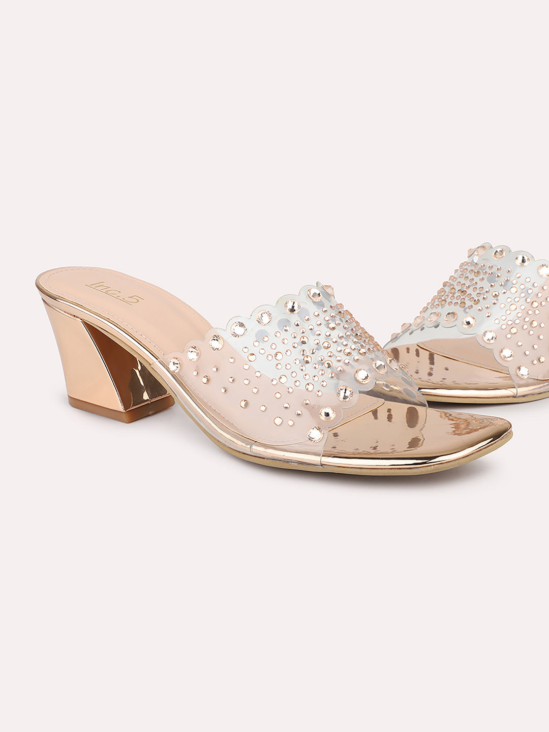 Women Rose Gold Embellished Block Heels