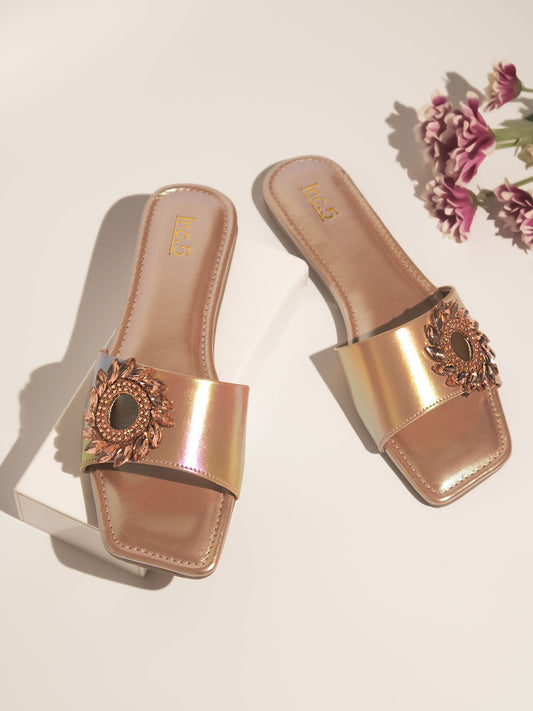 Women Rose Gold-Toned Embellished Open Toe Flats
