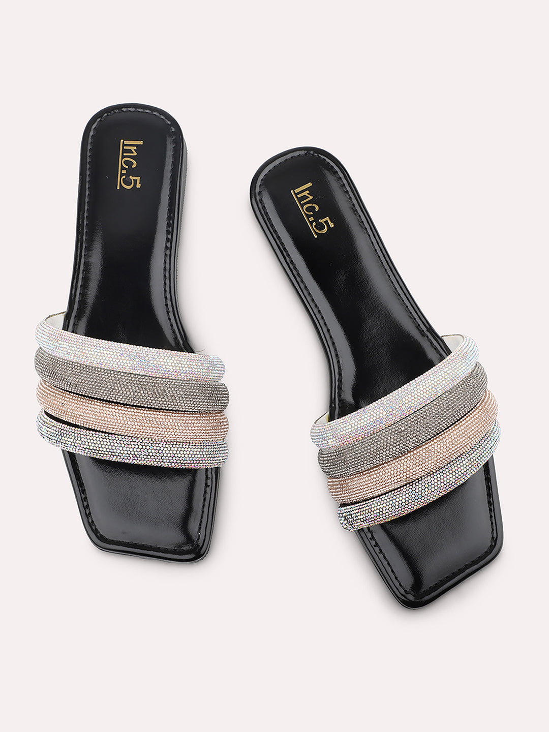 Women Black Colourblocked Embellished Detail Open Toe Flats