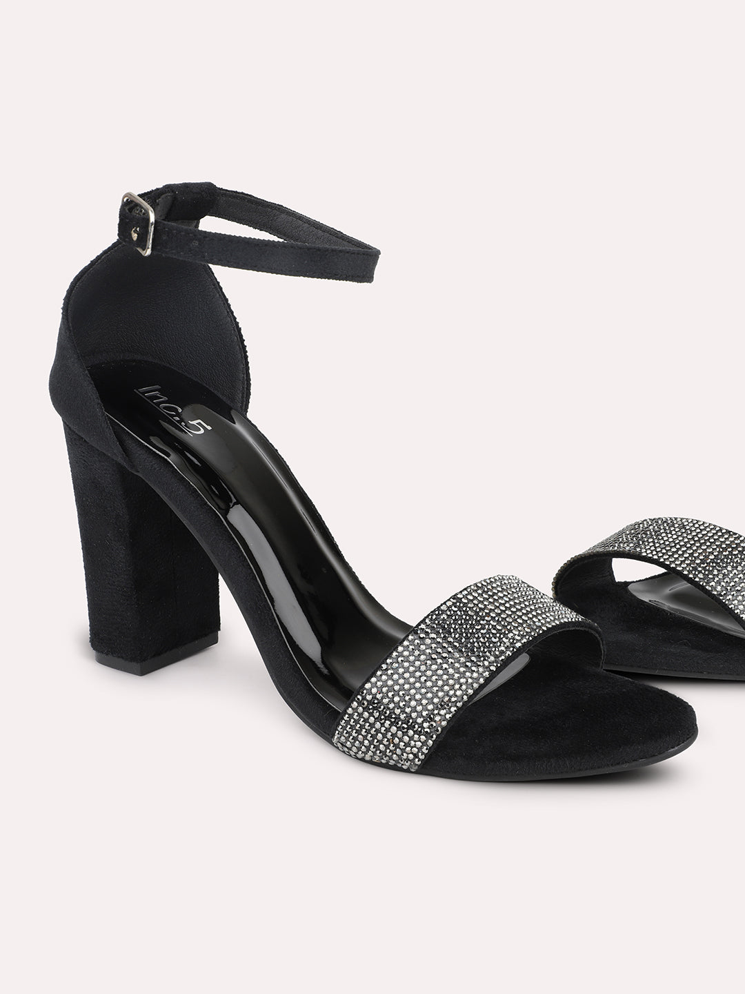 Women Black Embellished Party Block Heels With Ankle Loop