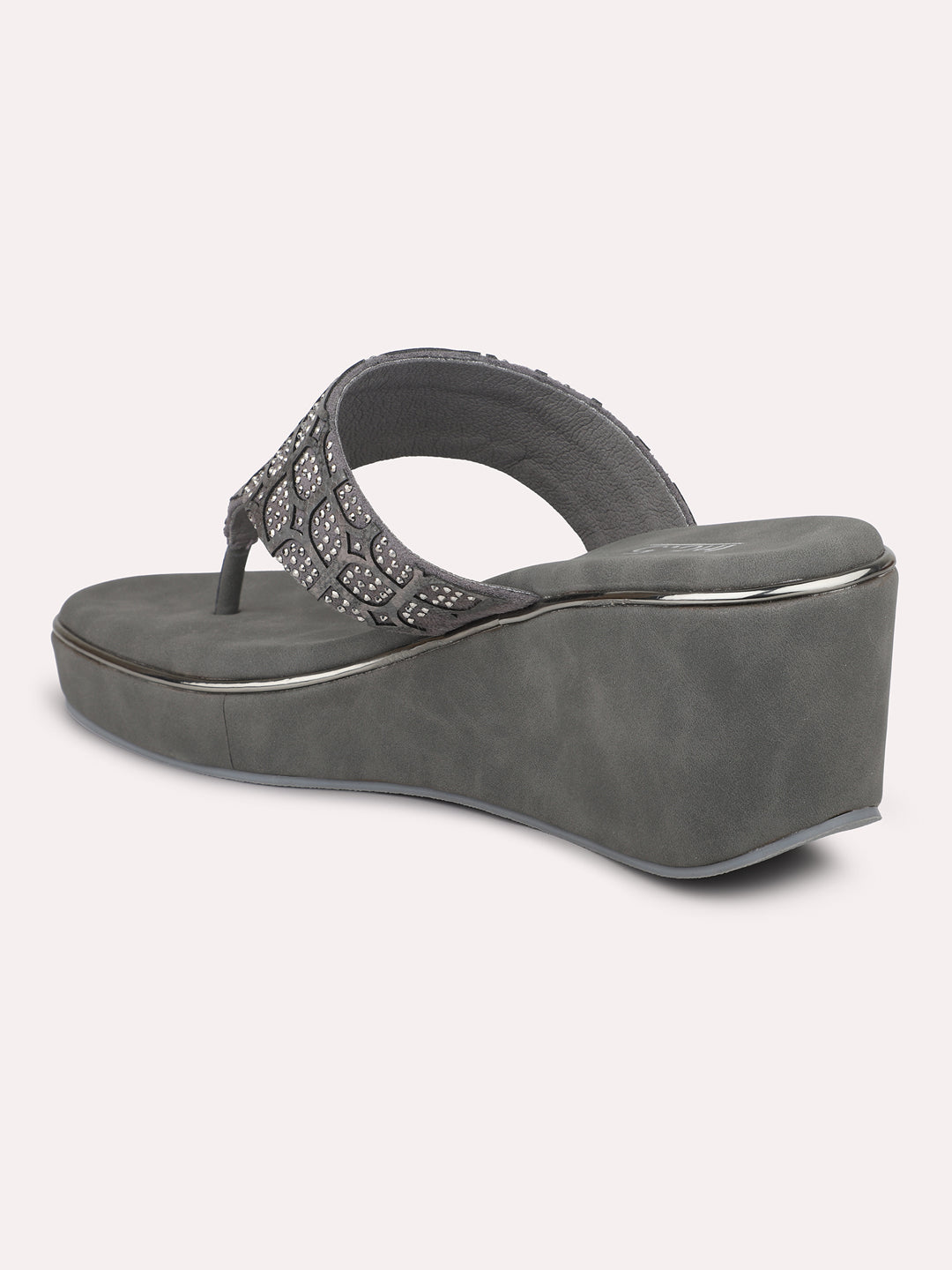 Women Pewter Embellished Wedges Sandals