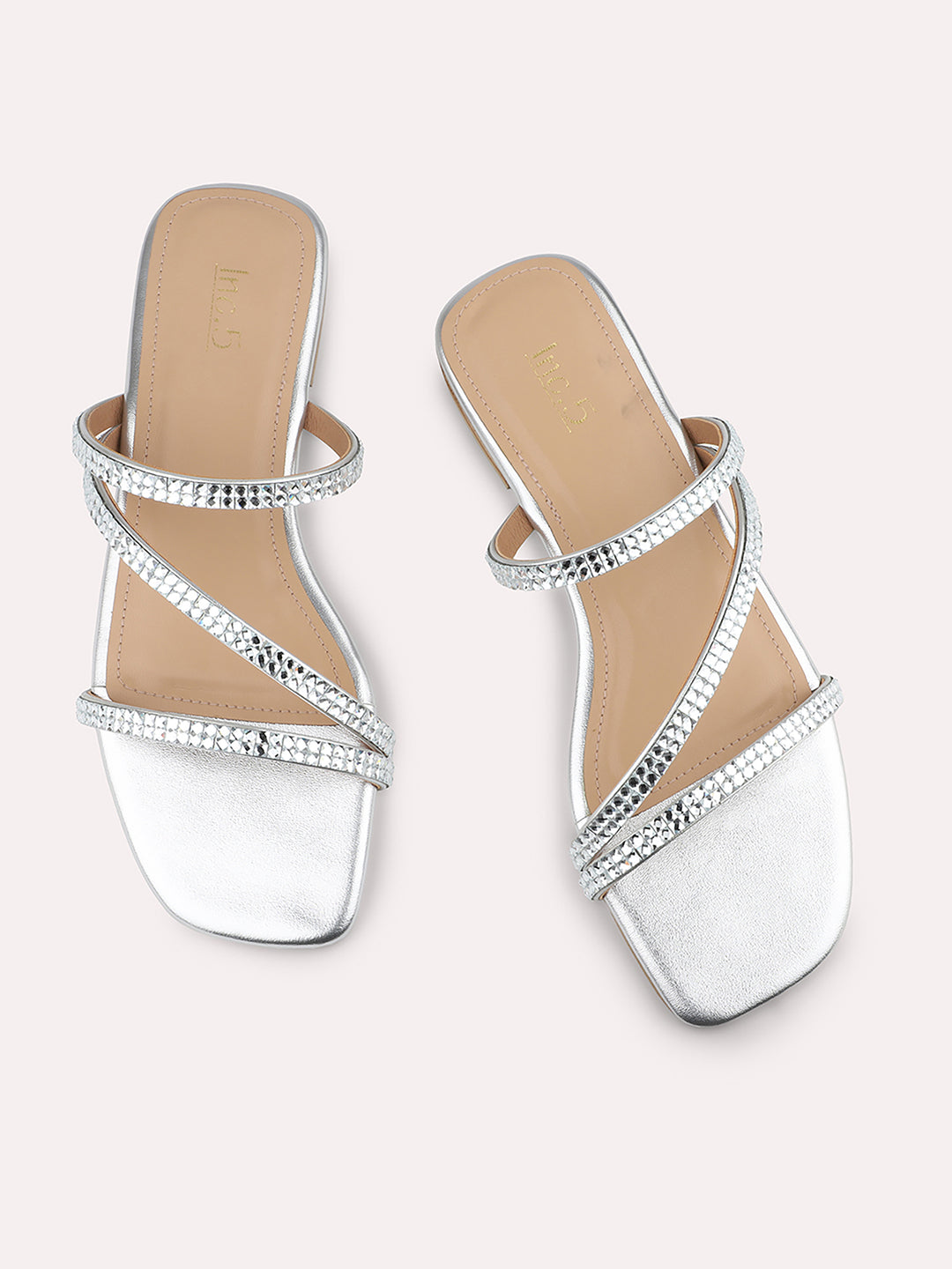 Women Silver Embellished Open Toe Flats