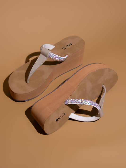 Women Beige Embellished Wedges Sandals