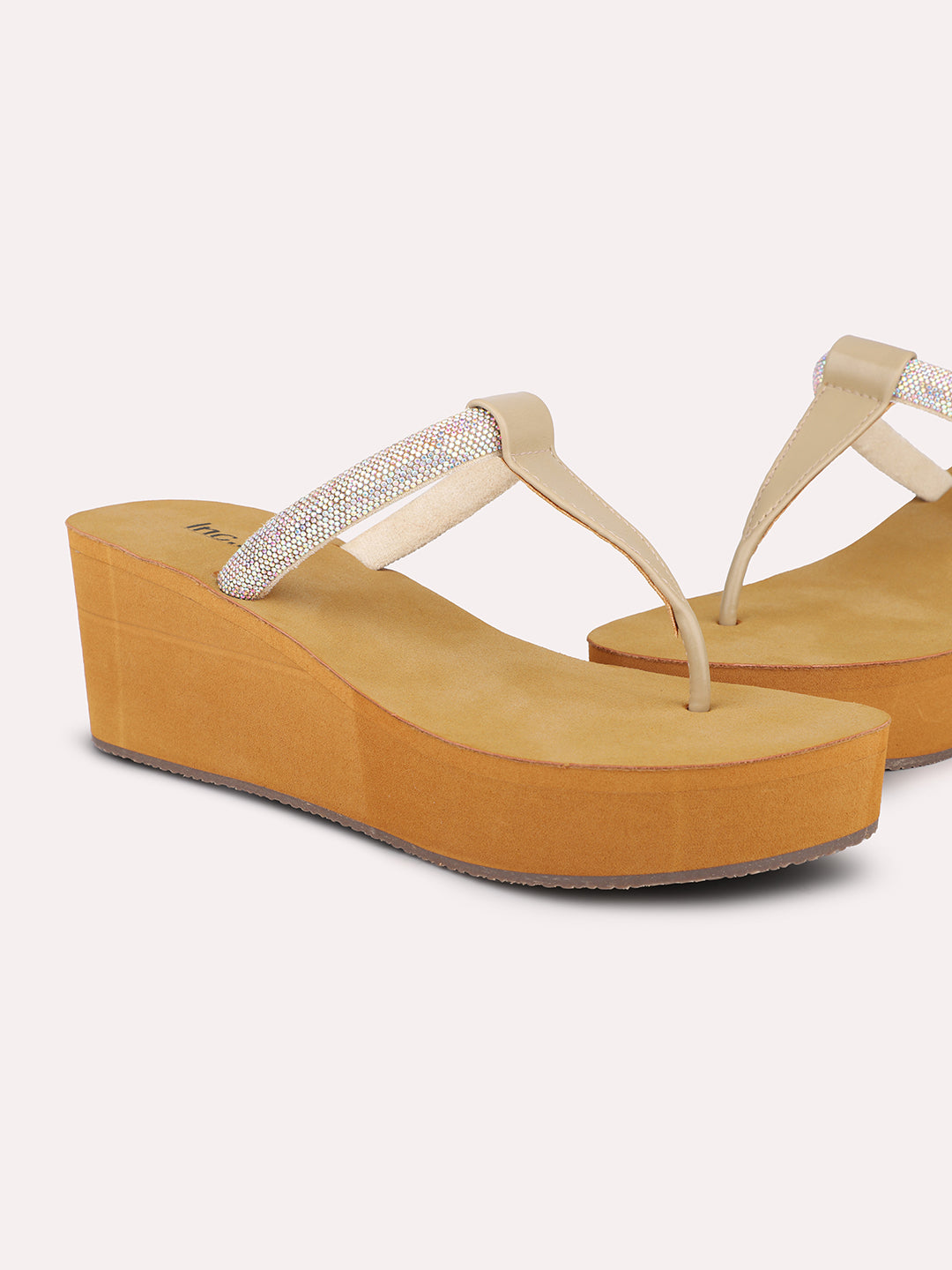 Women Beige Embellished Wedges Sandals