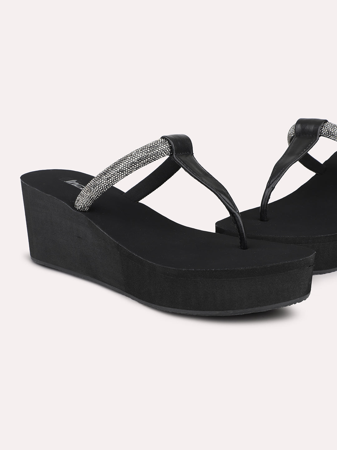 Women Black Embellished Wedges Sandals