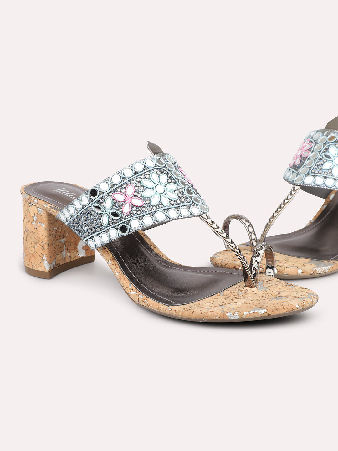 Women Pewter Embellished Ethnic Block Heels