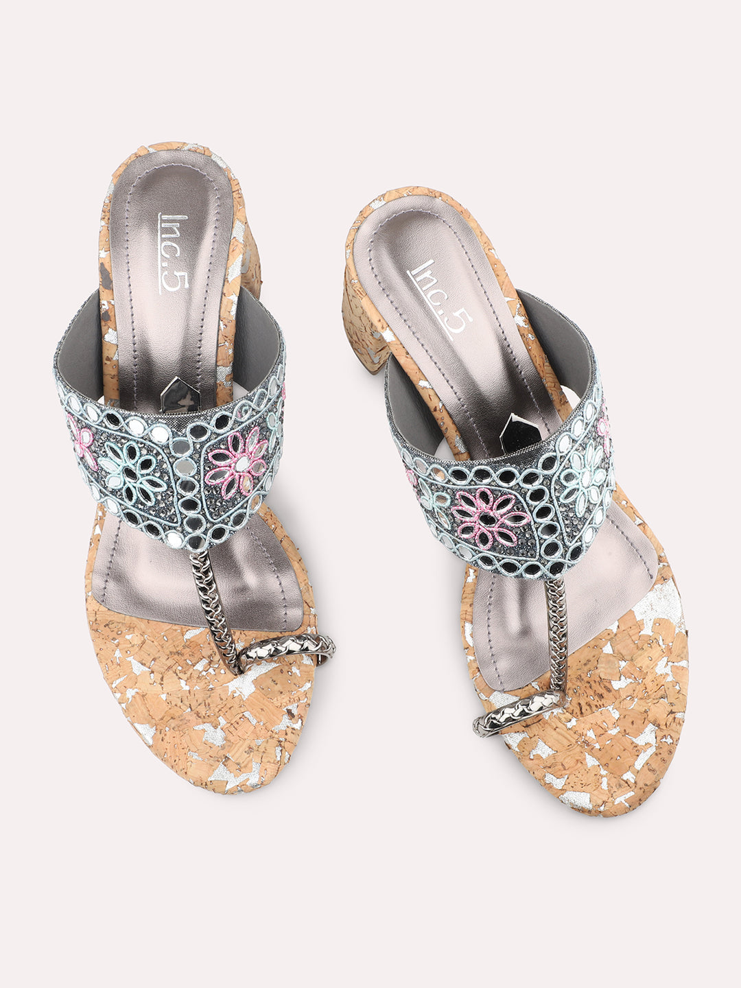 Women Pewter Embellished Ethnic Block Heels