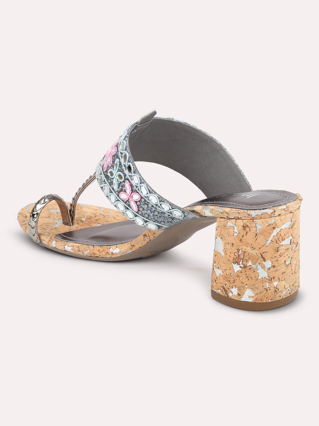 Women Pewter Embellished Ethnic Block Heels