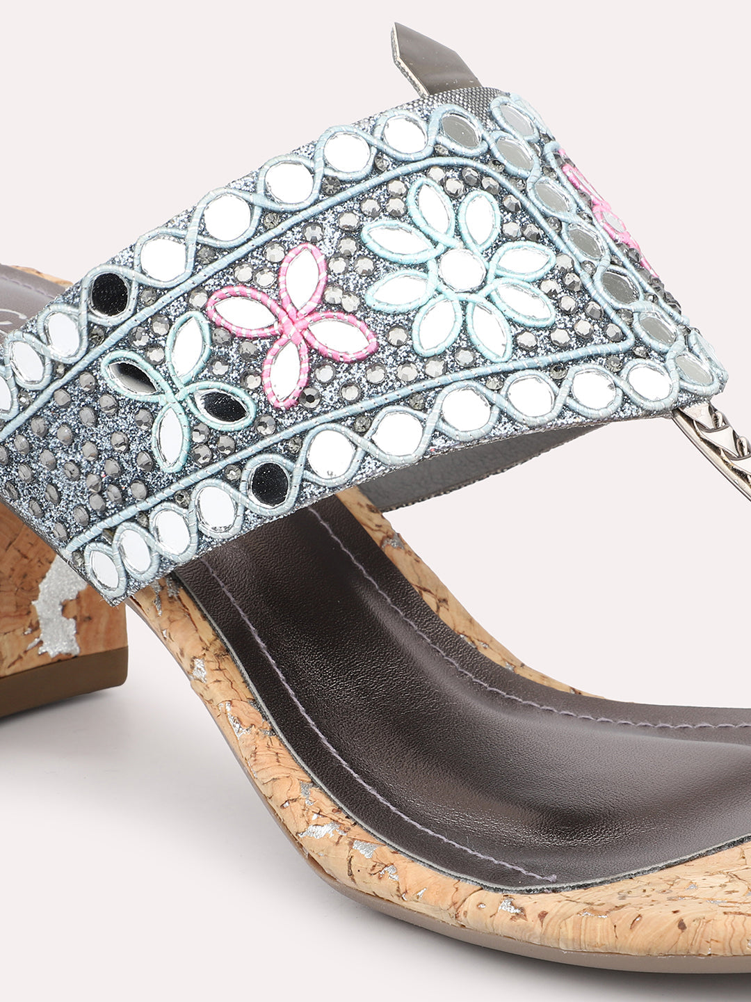 Women Pewter Embellished Ethnic Block Heels