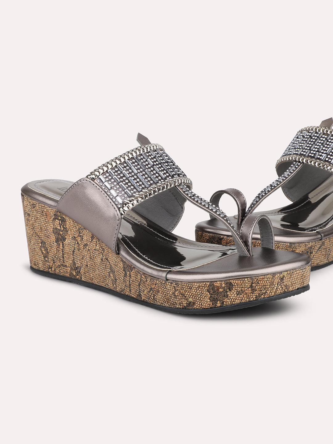 Women Pewter Ethnic Embellished Wedges Heels