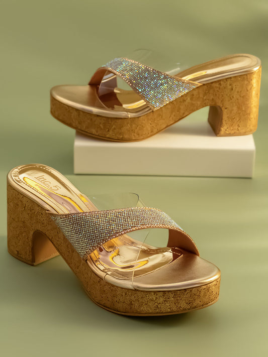 Women Rose Gold  Embellished Open Toe Platform Heels