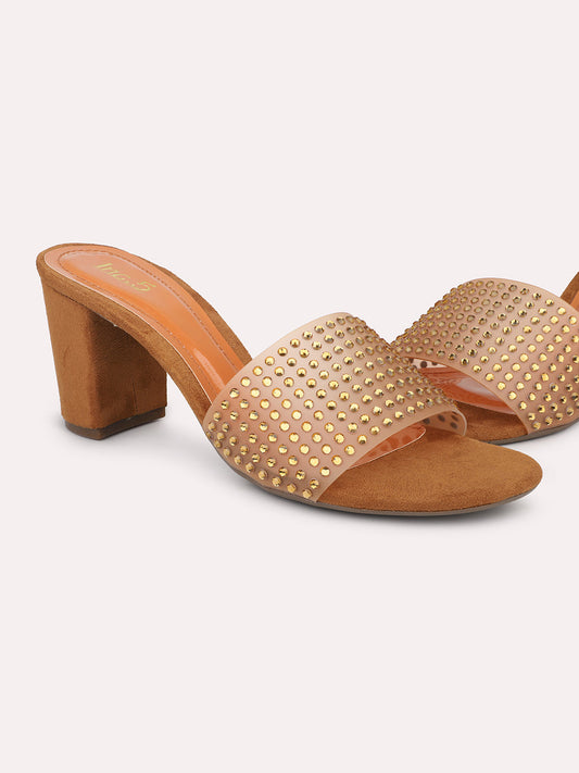 Women Tan and Gold-Toned Transparent Block Sandals