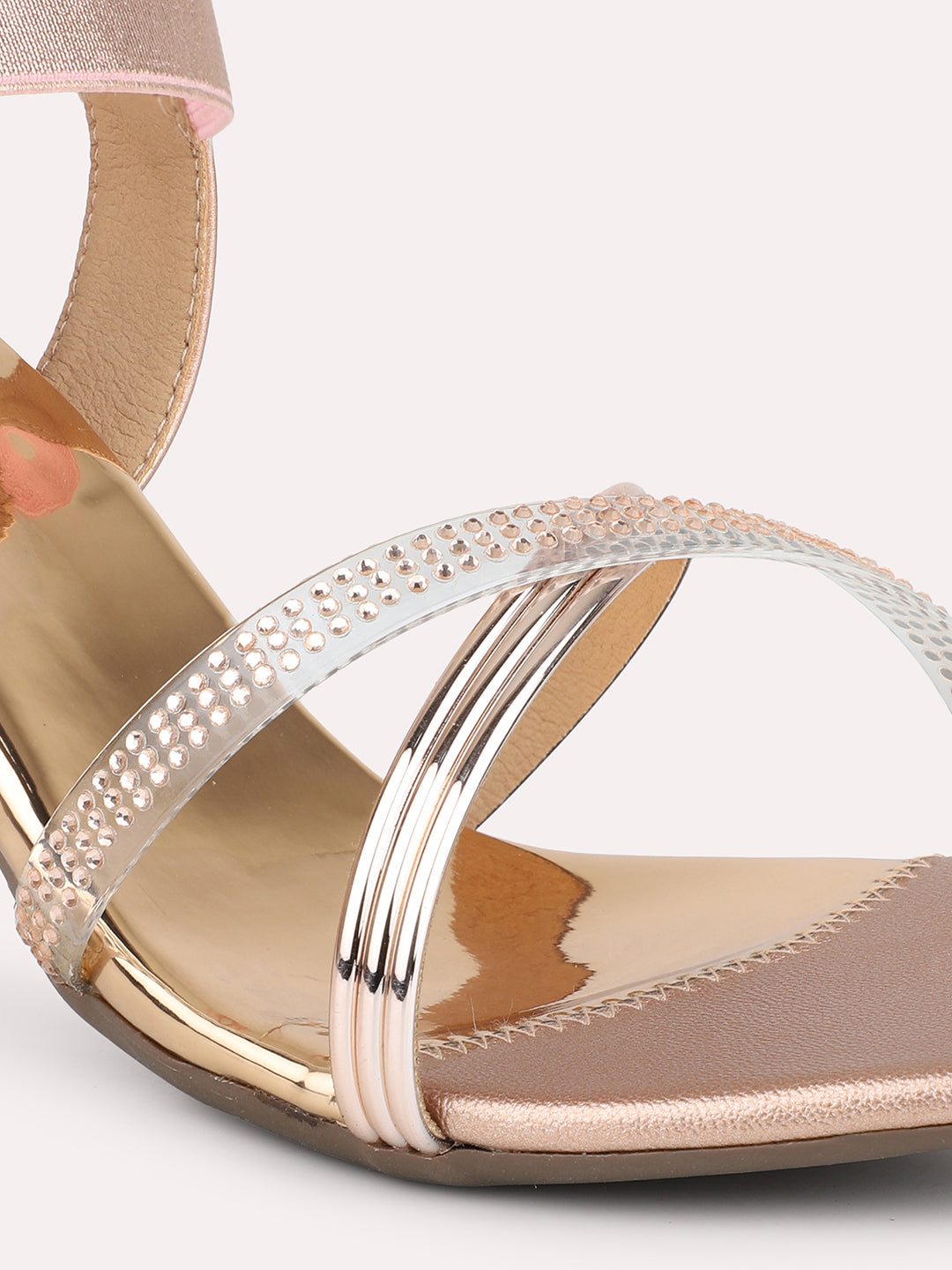 Women Rose Gold Embellished Slim Heeled Sandals