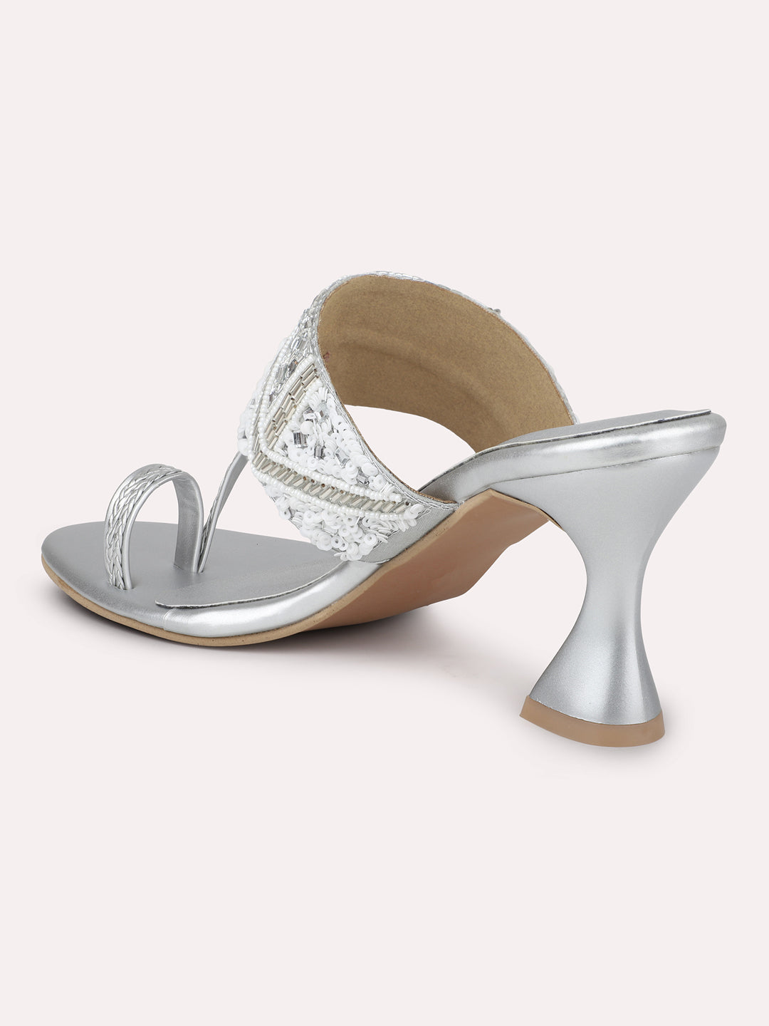 Women Silver Ethnic Embellished One-Toe Block Heels