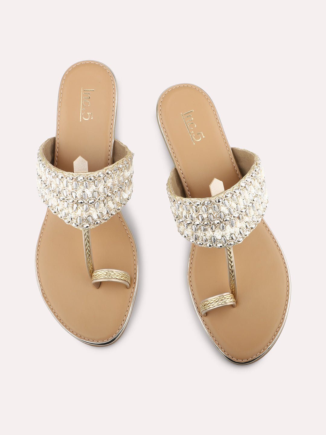 Women Gold Ethnic Embroidered One Toe Wedges