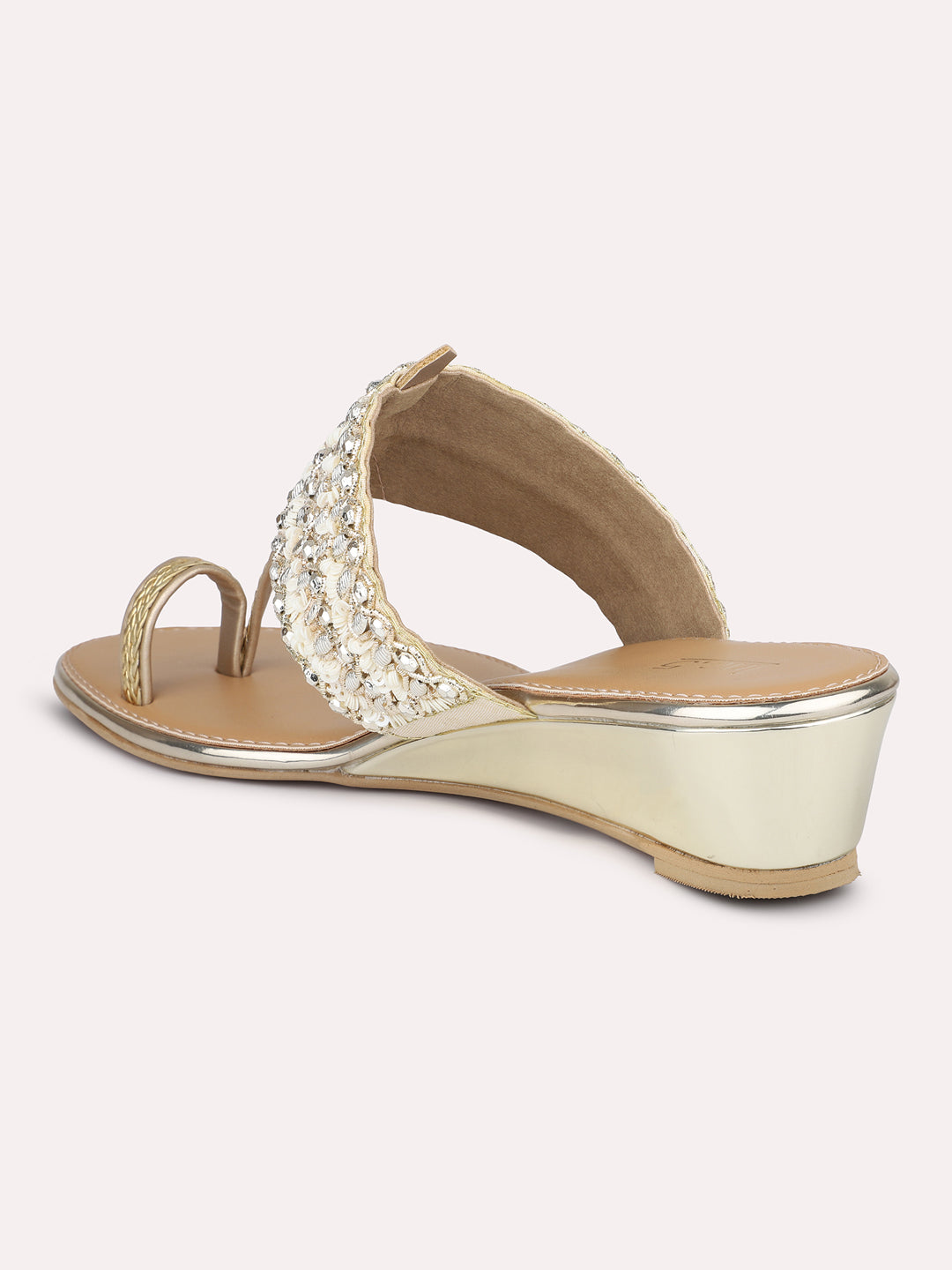 Women Gold Ethnic Embroidered One Toe Wedges