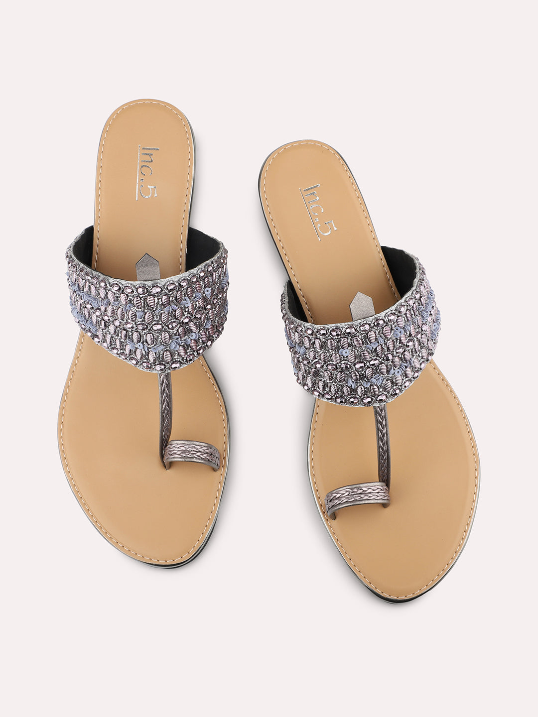 Women Pewter Ethnic Embroidered One Toe Wedges