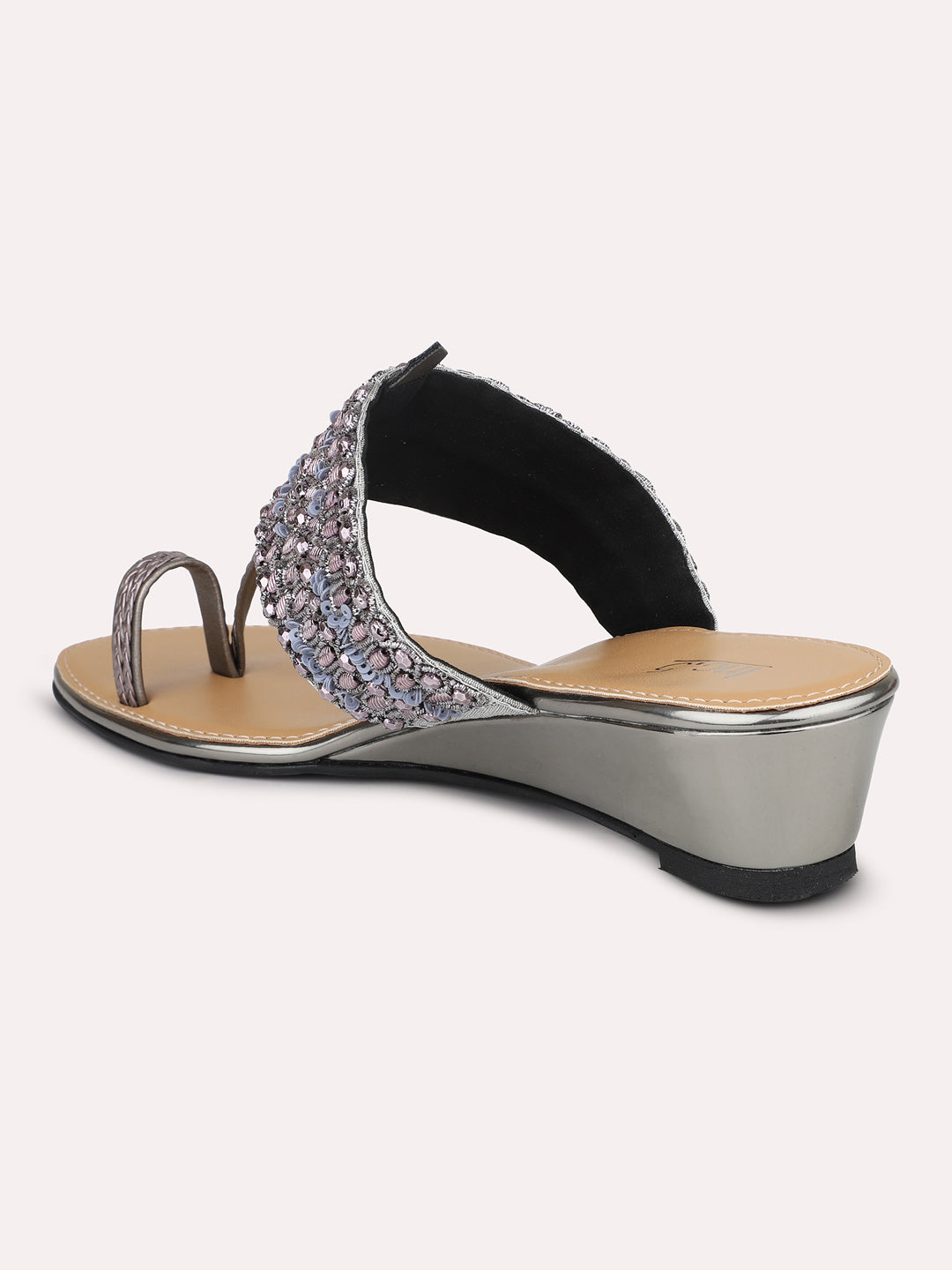 Women Pewter Ethnic Embroidered One Toe Wedges