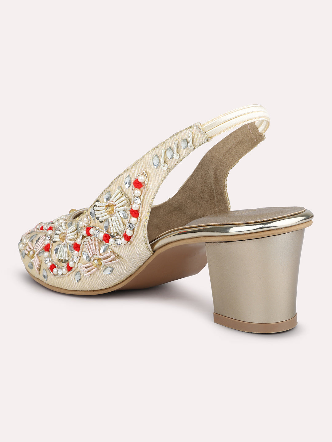 Women Gold Embroidered Ethnic Block Heel Mules
