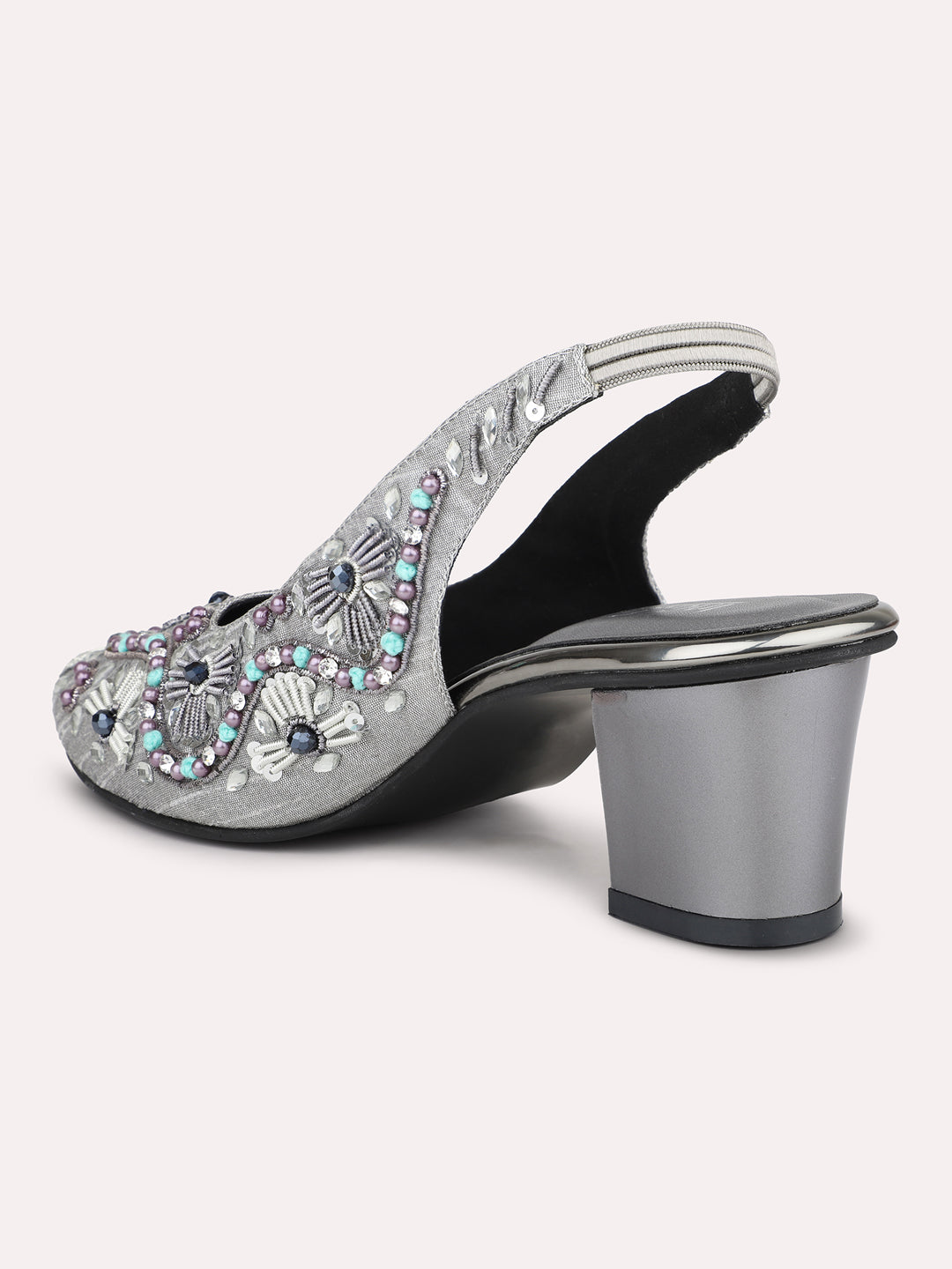 Women Pewter Embroidered Ethnic Block Heel Mules