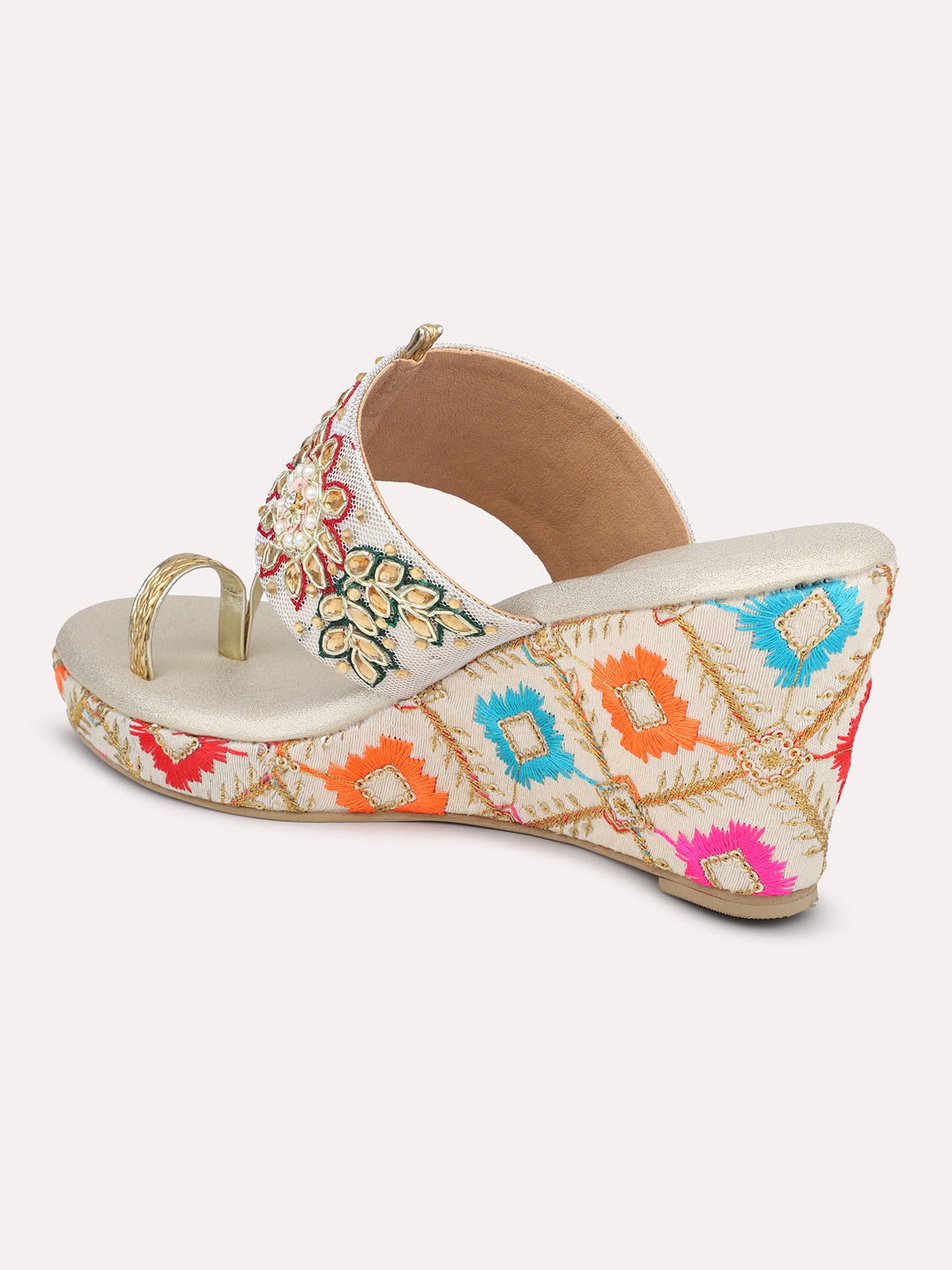 Women Gold Ethnic Embellished Wedges Heels