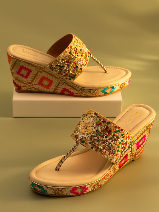 Women Gold Ethnic Embroidered Wedge Heels