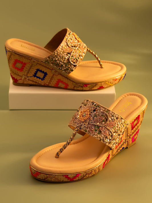 Women Rose Gold Ethnic Embroidered Wedge Heels