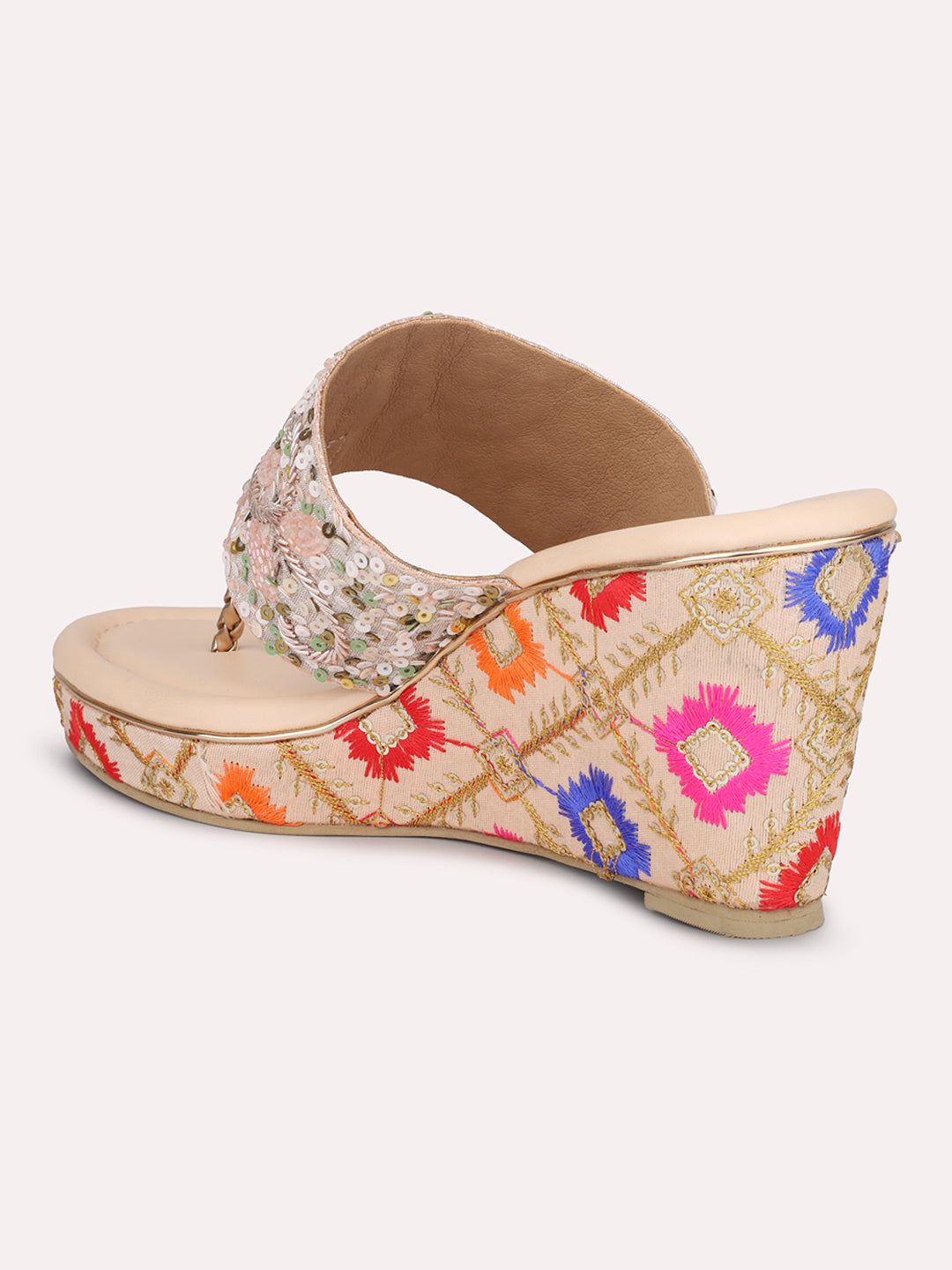 Women Rose Gold Ethnic Embroidered Wedge Heels