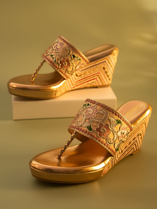 Women Rose Gold Embellished Ethnic Wedge Heels