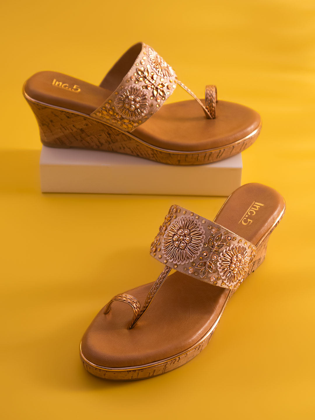 Women Rose Gold Ethnic Embellished Wedges Heels