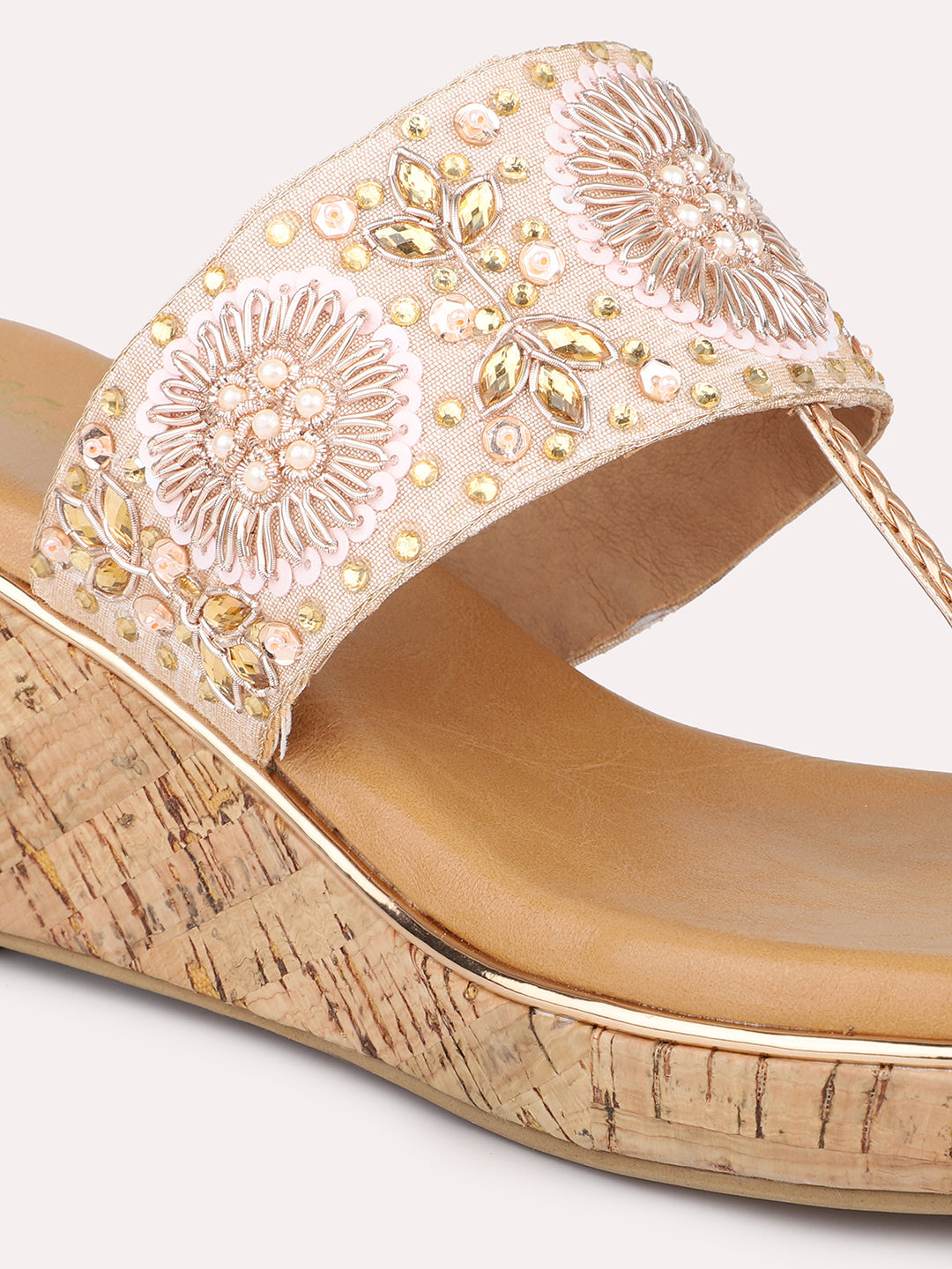 Women Rose Gold Ethnic Embellished Wedges Heels